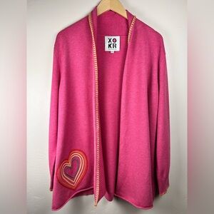 Anthropologie Kerri Rosenthal XOKR Open Front Cardigan Embroidered Heart Pink XL